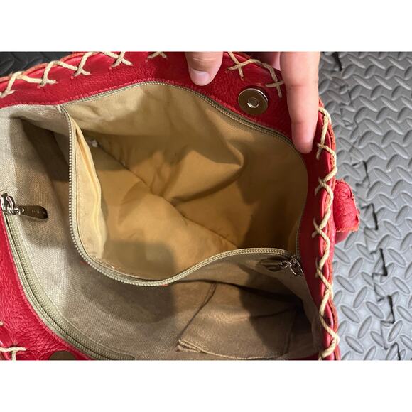 BERGE ITALY GENUINE LEATHER TOTE BAG RED w/ TAUPE STITCHING BOHO WOMENS PURSE - Picture 8 of 11